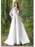 Long Sleeves Ivory Eyelash Lace Satin Awesome Wedding Dress